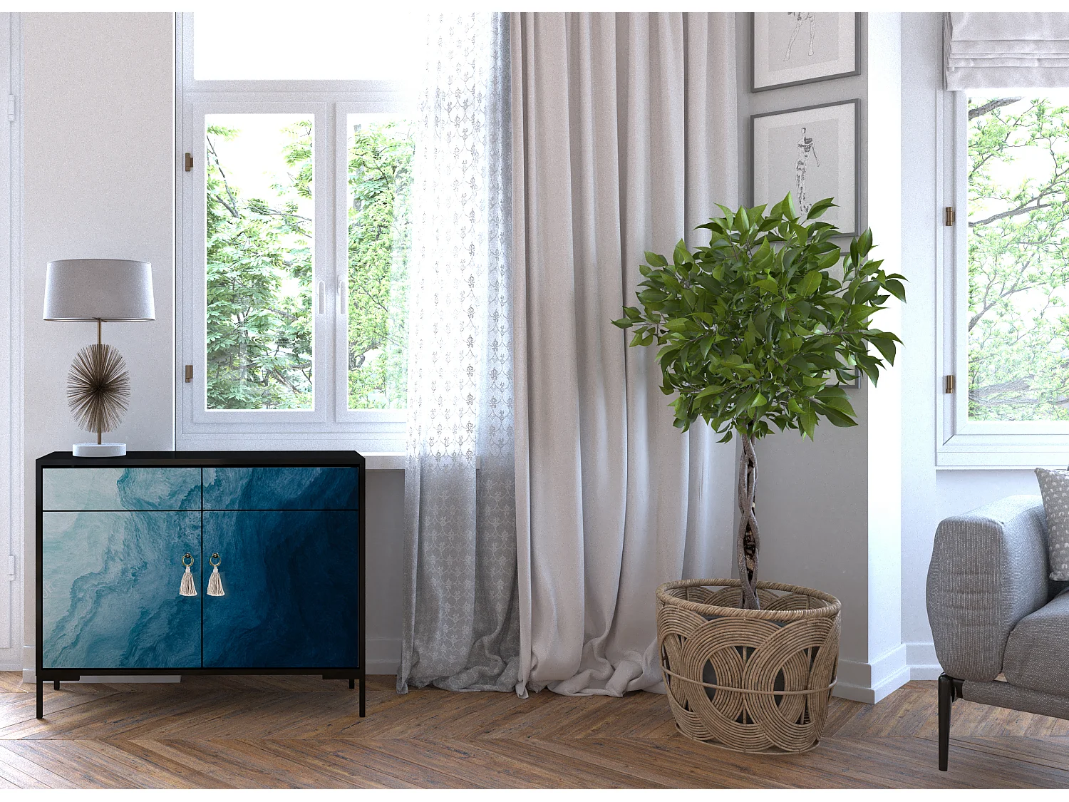 Schrank-Sideboard mit 2 Türen und 2 Schubladen aus MDF