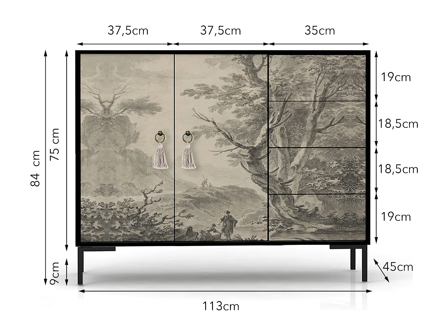 Niedriger Anrichte, 2 Türen und 4 Schubladen MDF