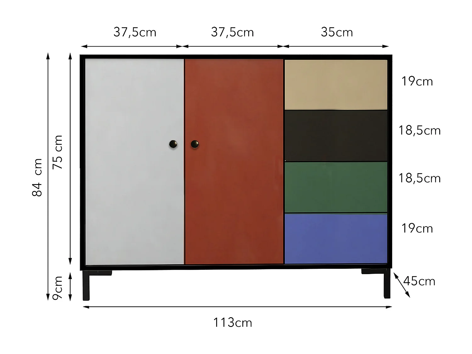 Niedriger Anrichte, 2 Türen und 4 Schubladen MDF