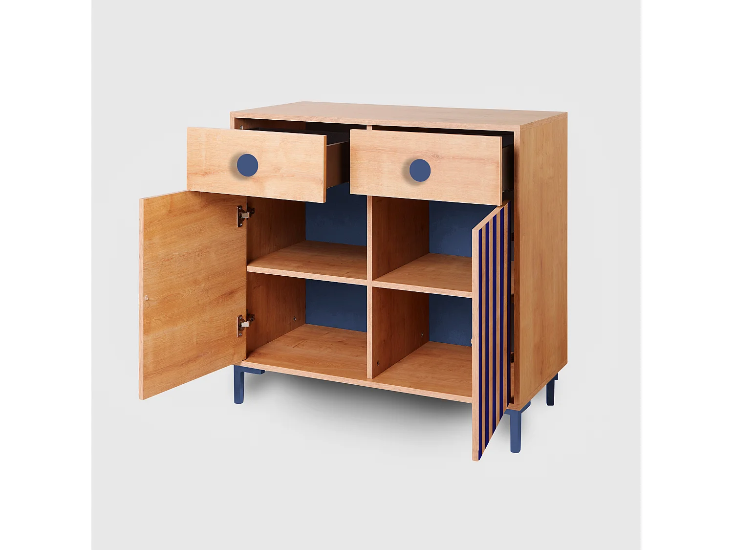 Cómoda 2 puertas 2 cajones color roble y rayas azules