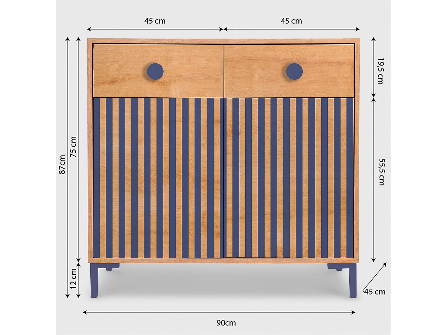 Cómoda 2 puertas 2 cajones color roble y rayas azules