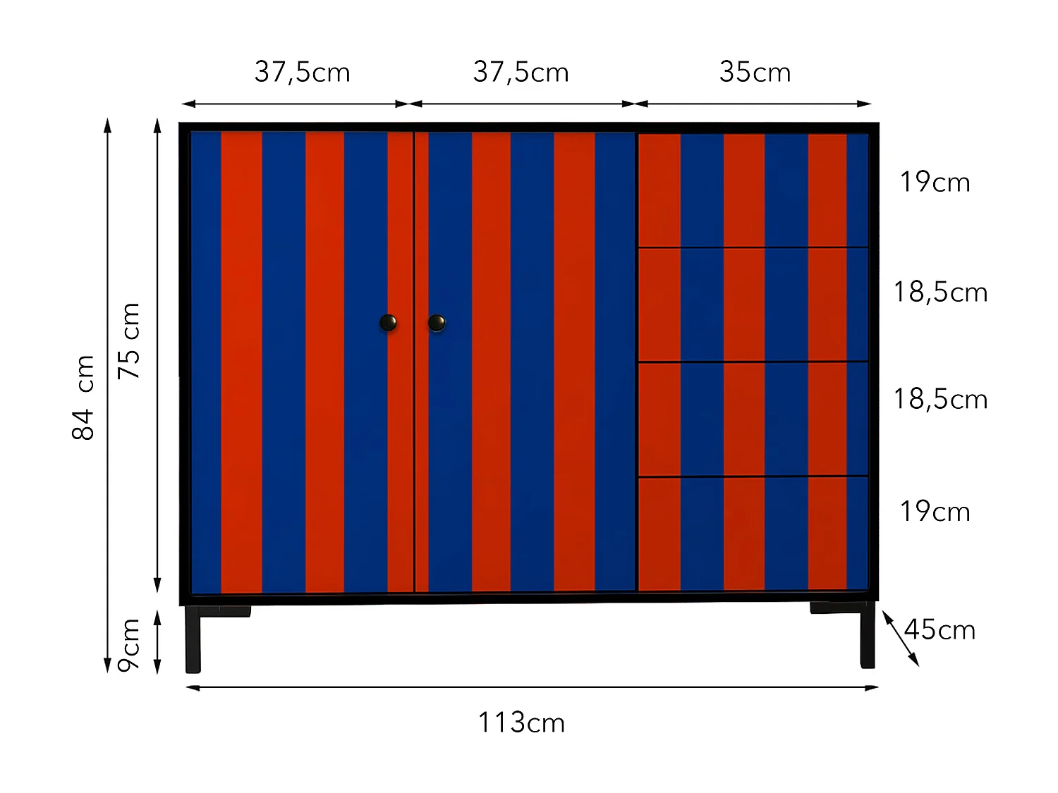 Niedriger Anrichte, 2 Türen und 4 Schubladen MDF