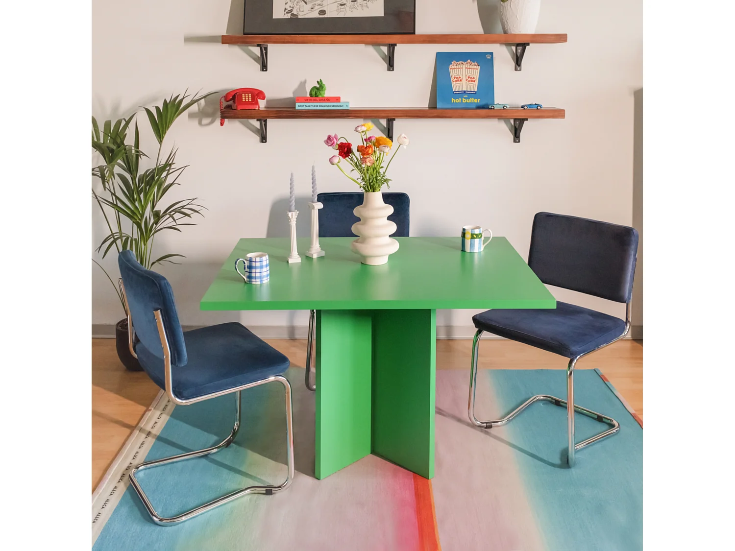 Table à manger rectangulaire laquée en MDF de 3cm Vert Émeraude 90x120