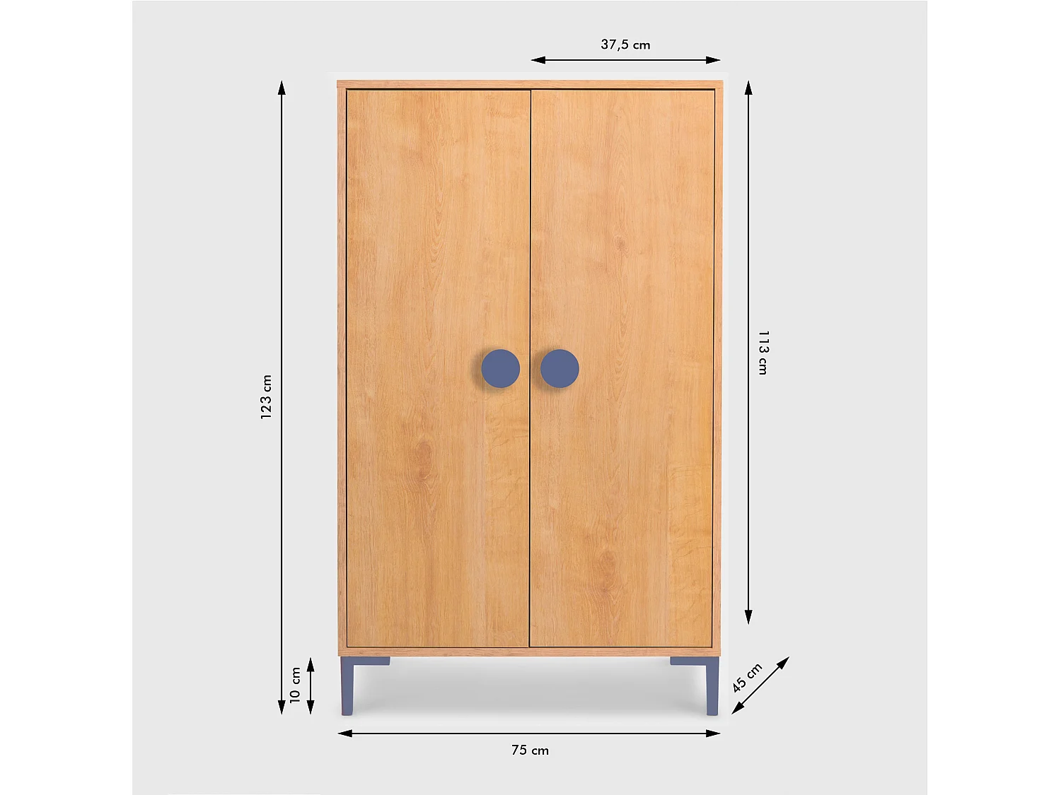 2-deurs kast in eikenkleur met blauwe details