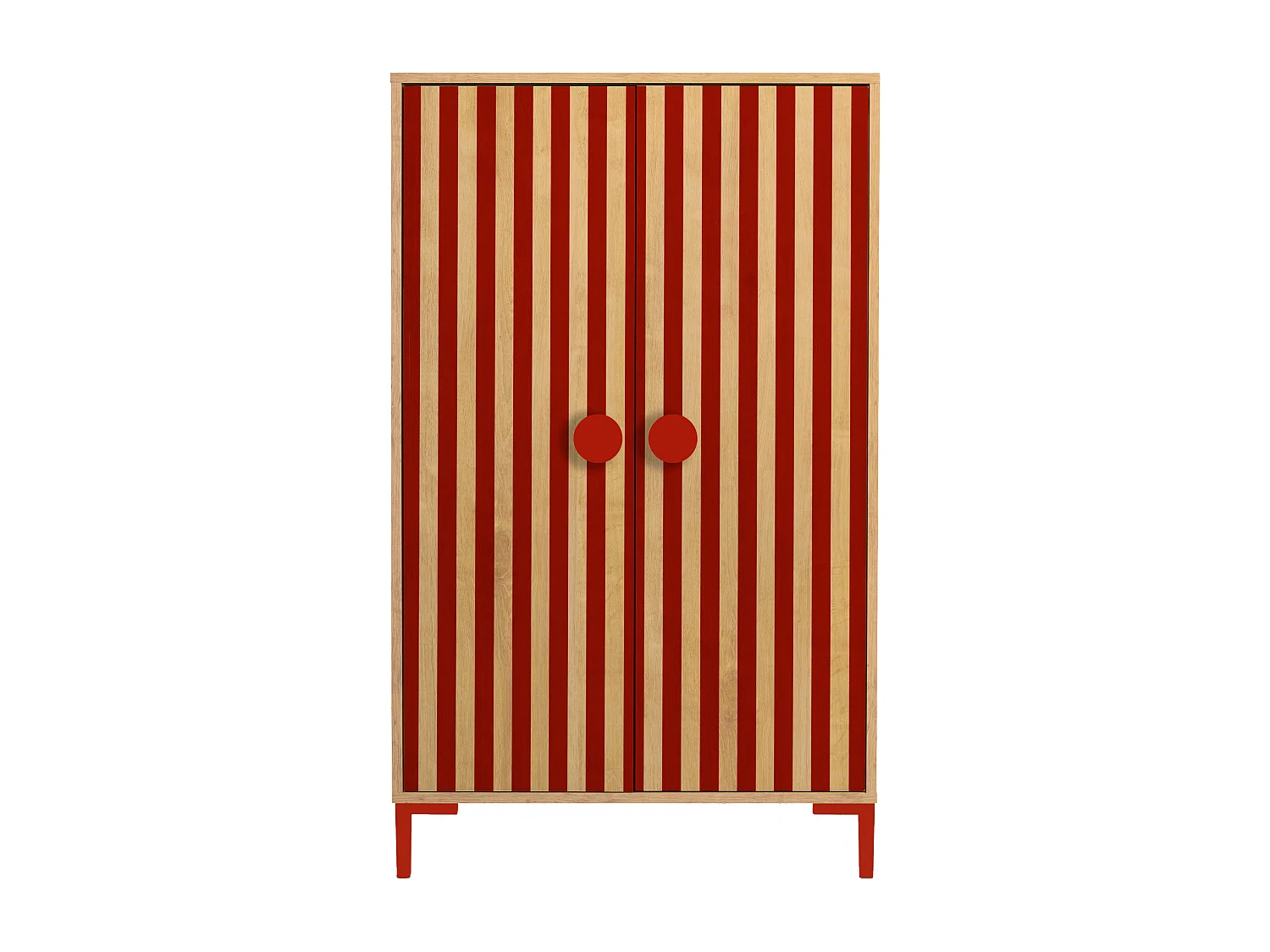2-deurs kast in eikenkleur met rode strepen.