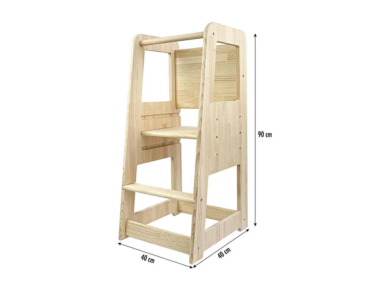 Torre de aprendizagem em madeira maciça de pinho natural não tratado.