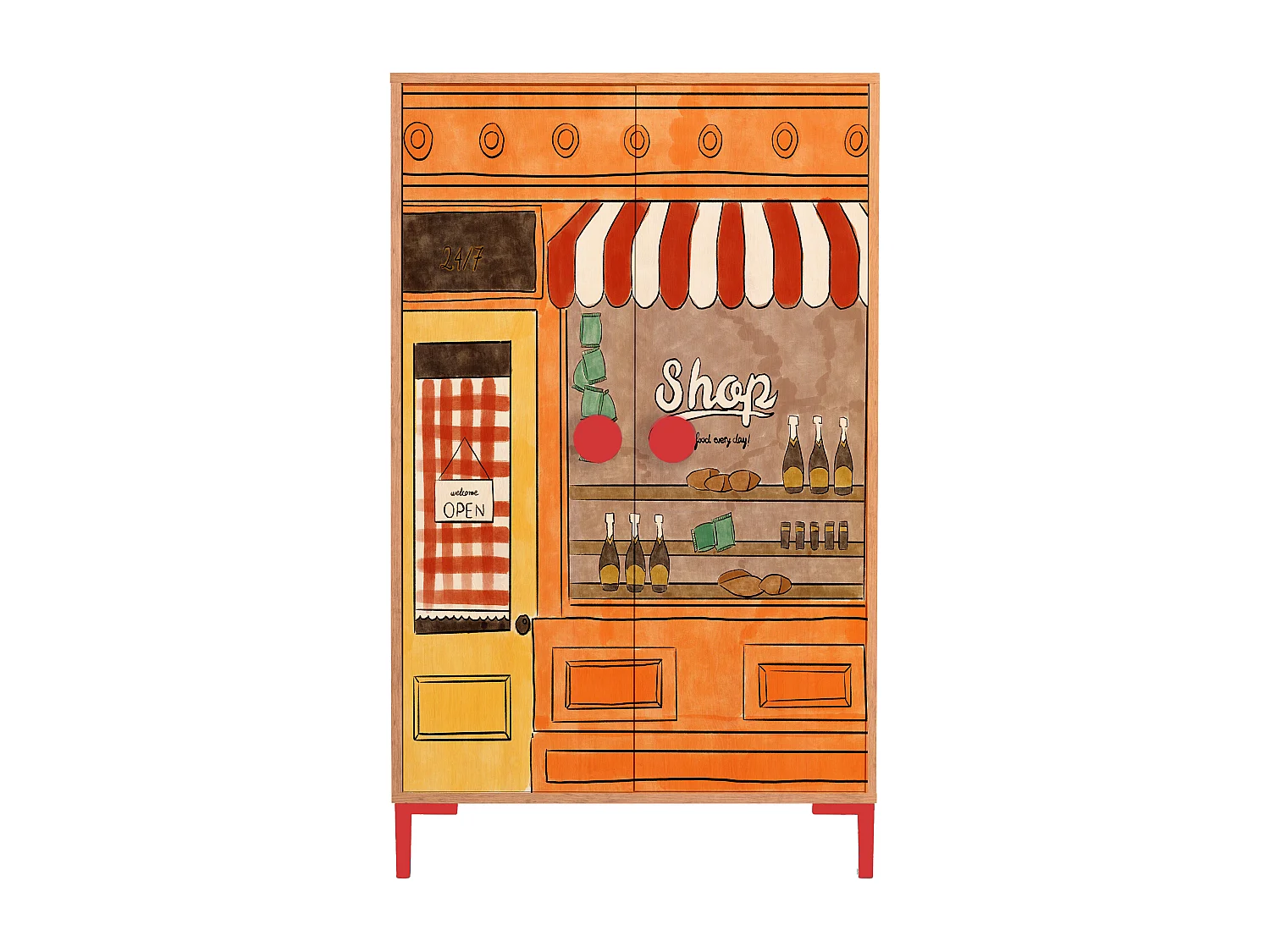 2-deurs kast in eikenkleur met winkelprint.