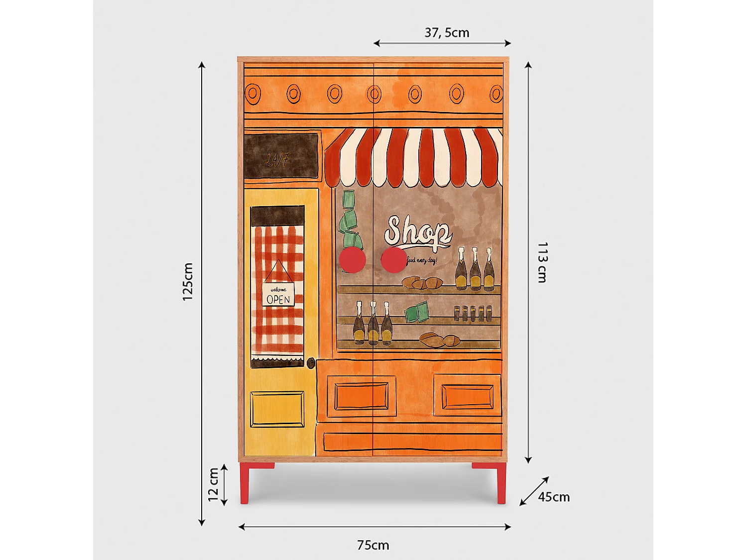 2-deurs kast in eikenkleur met winkelprint.