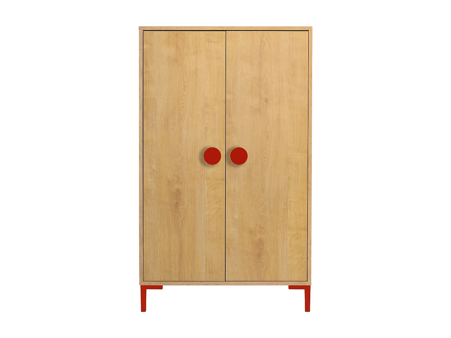 2-deurs kast in eikenkleur met rode details.