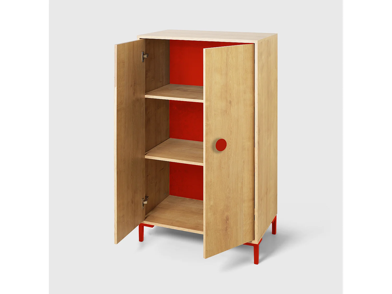 2-deurs kast in eikenkleur met rode details.