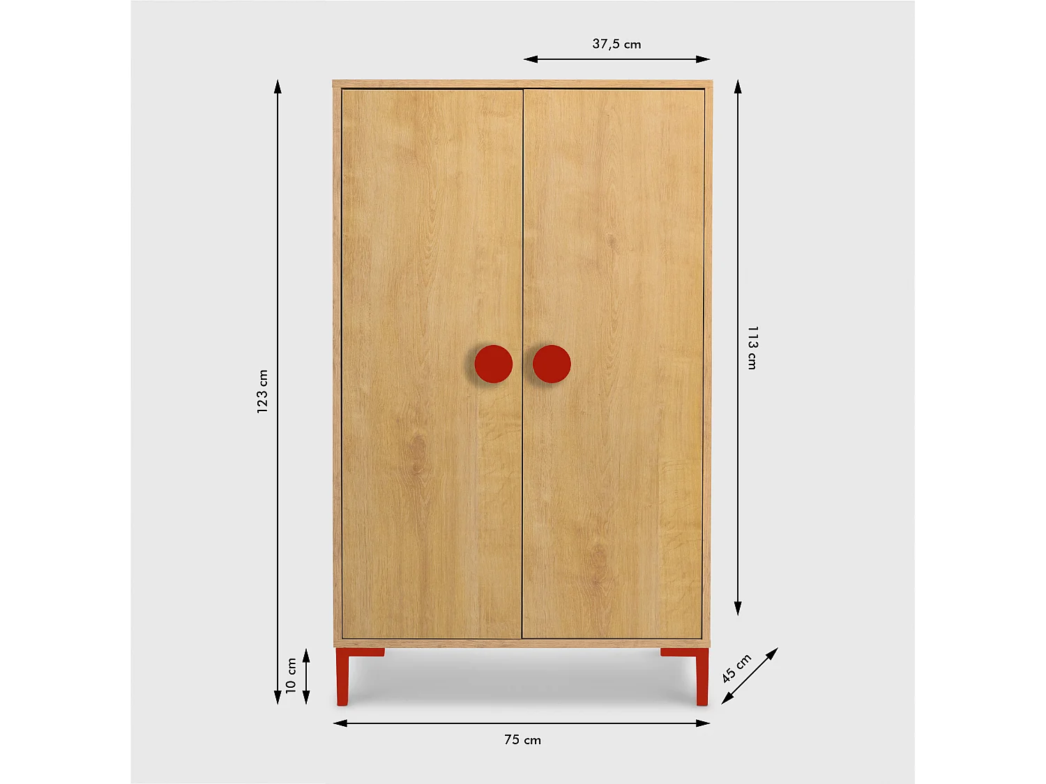 2-deurs kast in eikenkleur met rode details.
