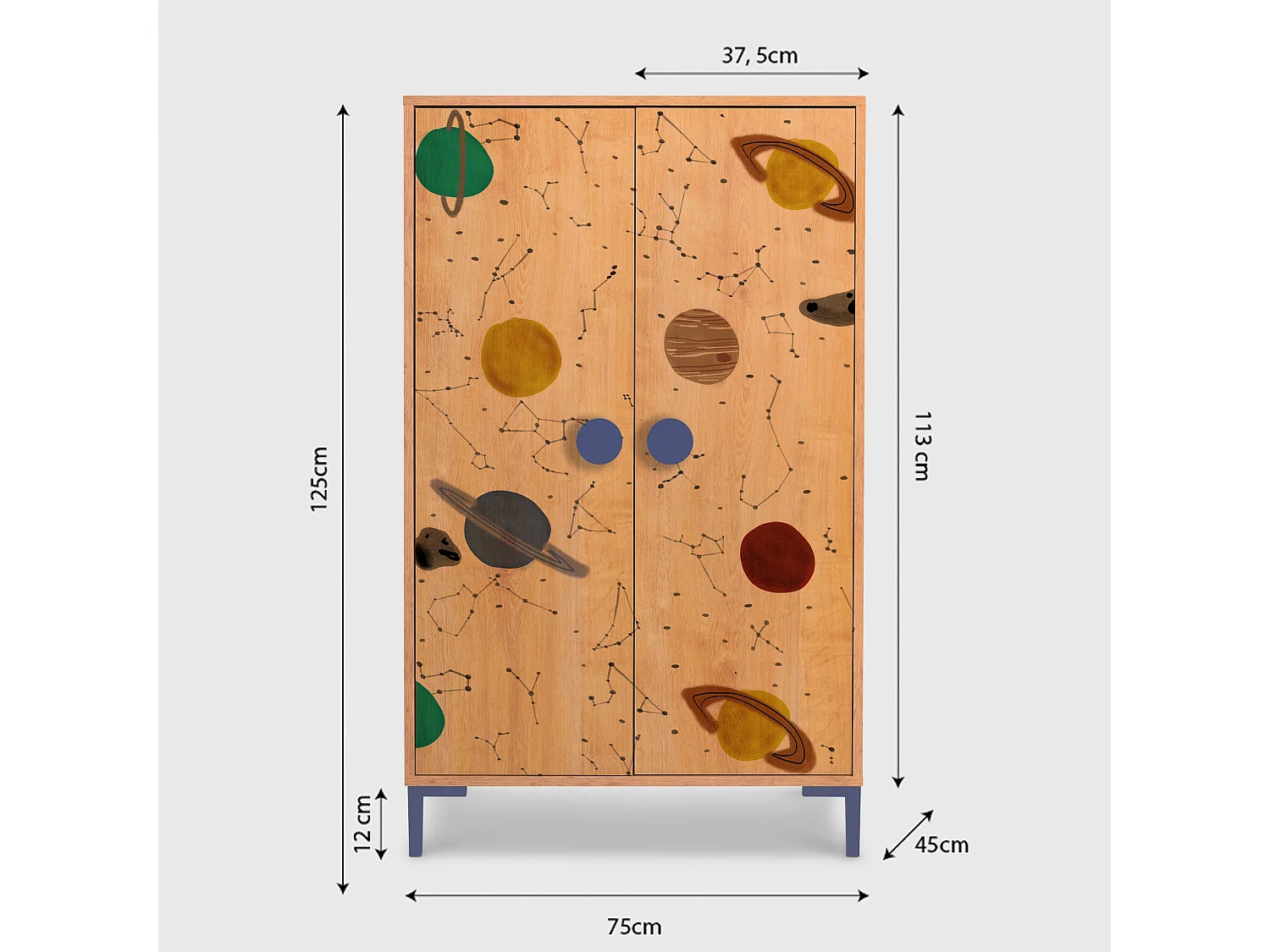 2-deurs kast in eikenkleur met ruimteprint.