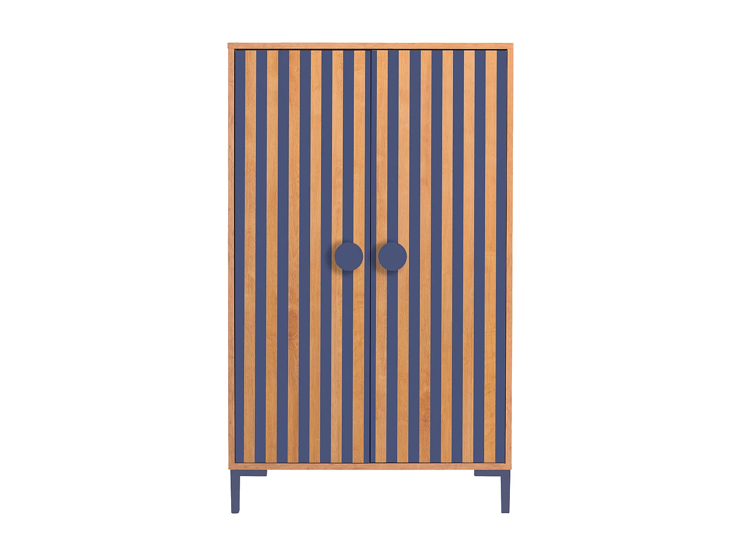2-deurs kast in eikenkleur met blauwe strepen