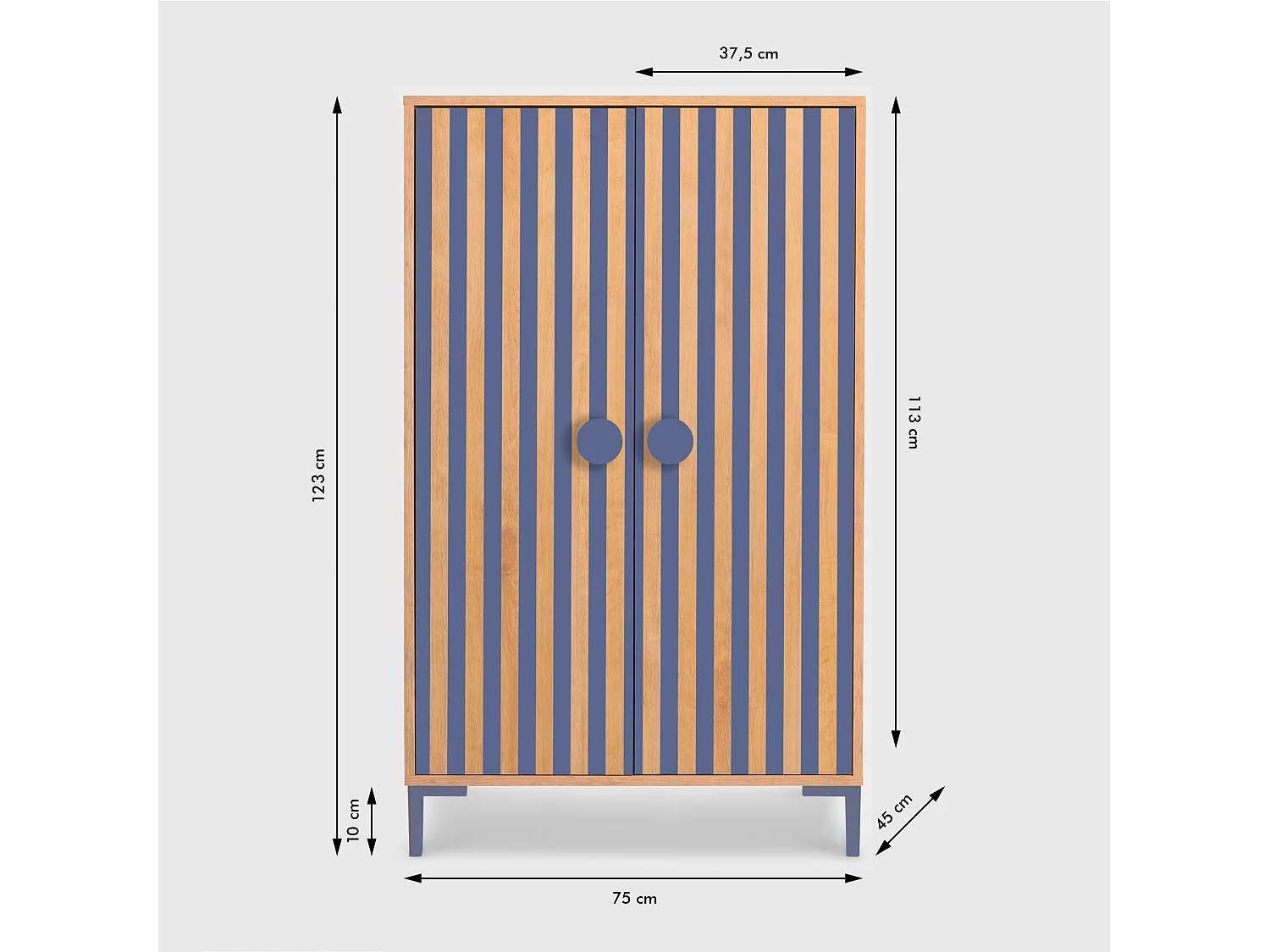 2-deurs kast in eikenkleur met blauwe strepen