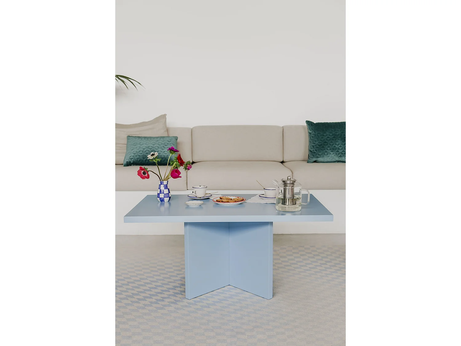 Tavolino da salotto con piano resistente in MDF 3cm blu Cornish 100x60cm
