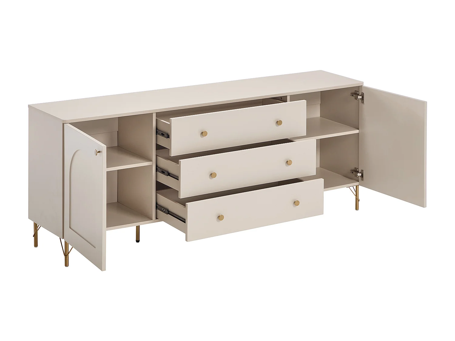 Buffet avec 2 portes et 3 tiroirs - Beige et doré - ALOBARA