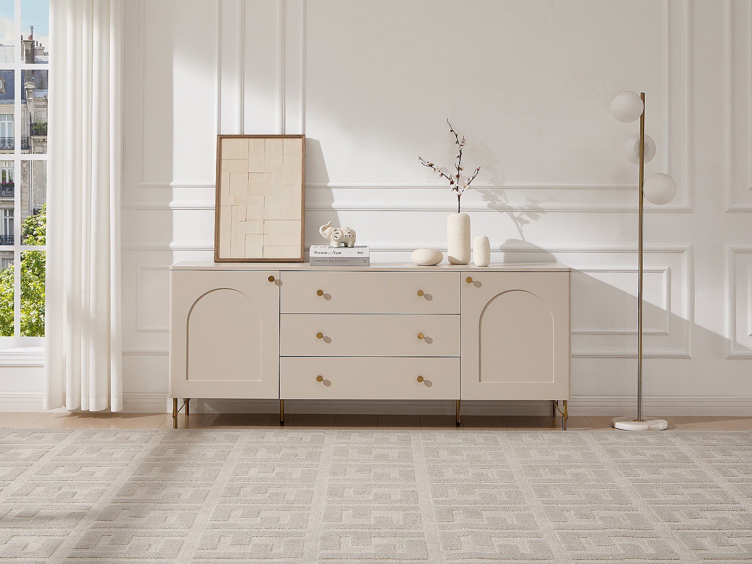 Sideboard mit 2 Türen und 3 Schubladen - Beige und Gold ALOBARA