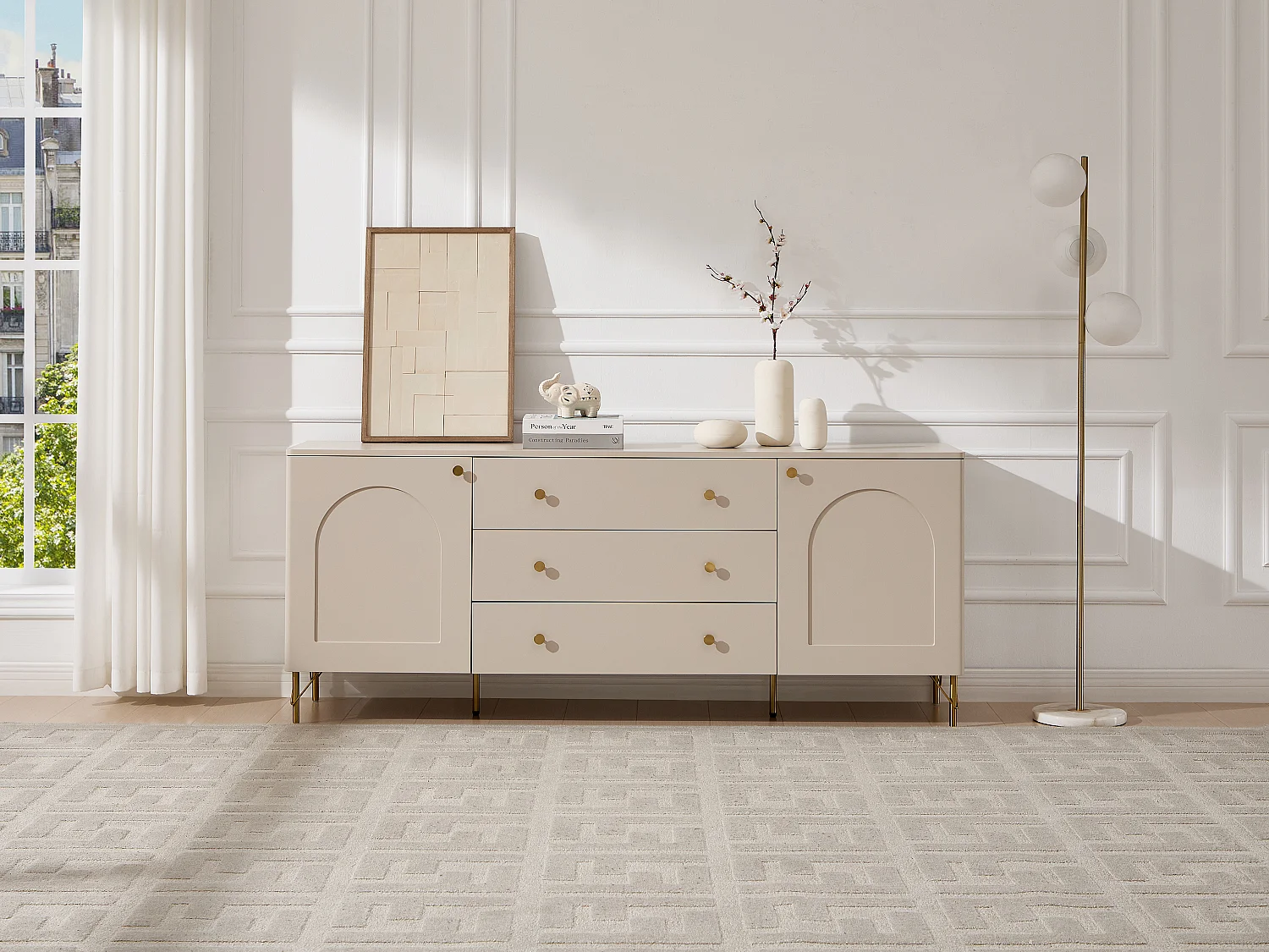 Buffet avec 2 portes et 3 tiroirs - Beige et doré - ALOBARA