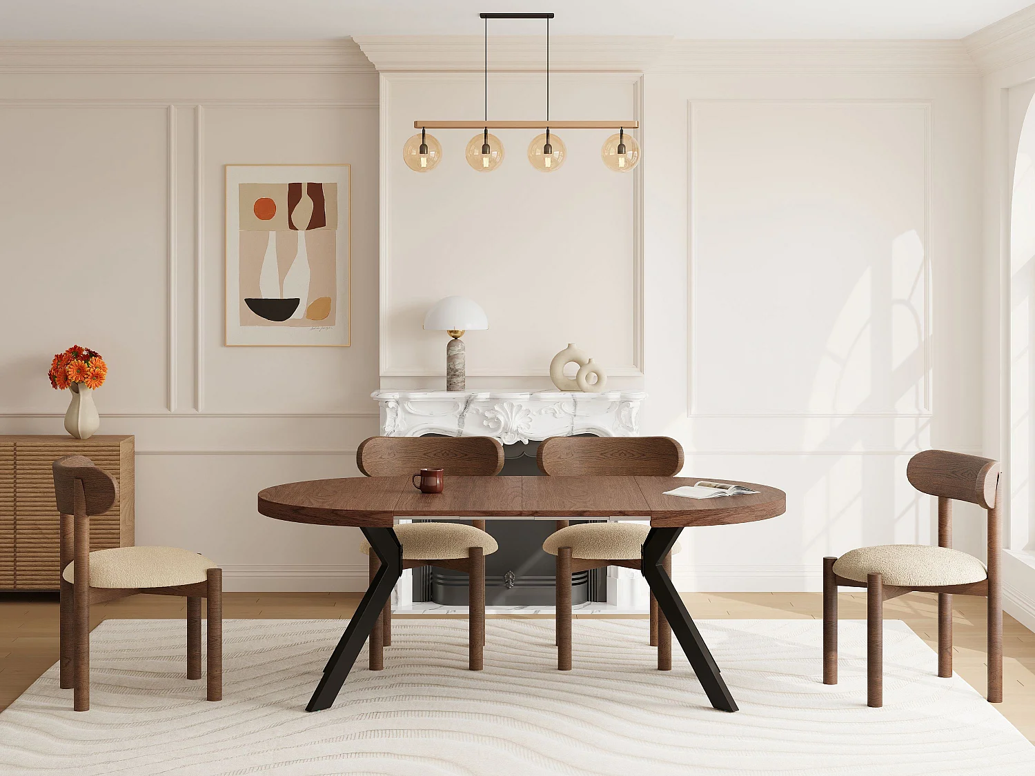 Table à manger extensible 4 à 8 personnes en MDF et acier - Naturel foncé et Noir - KOMONI