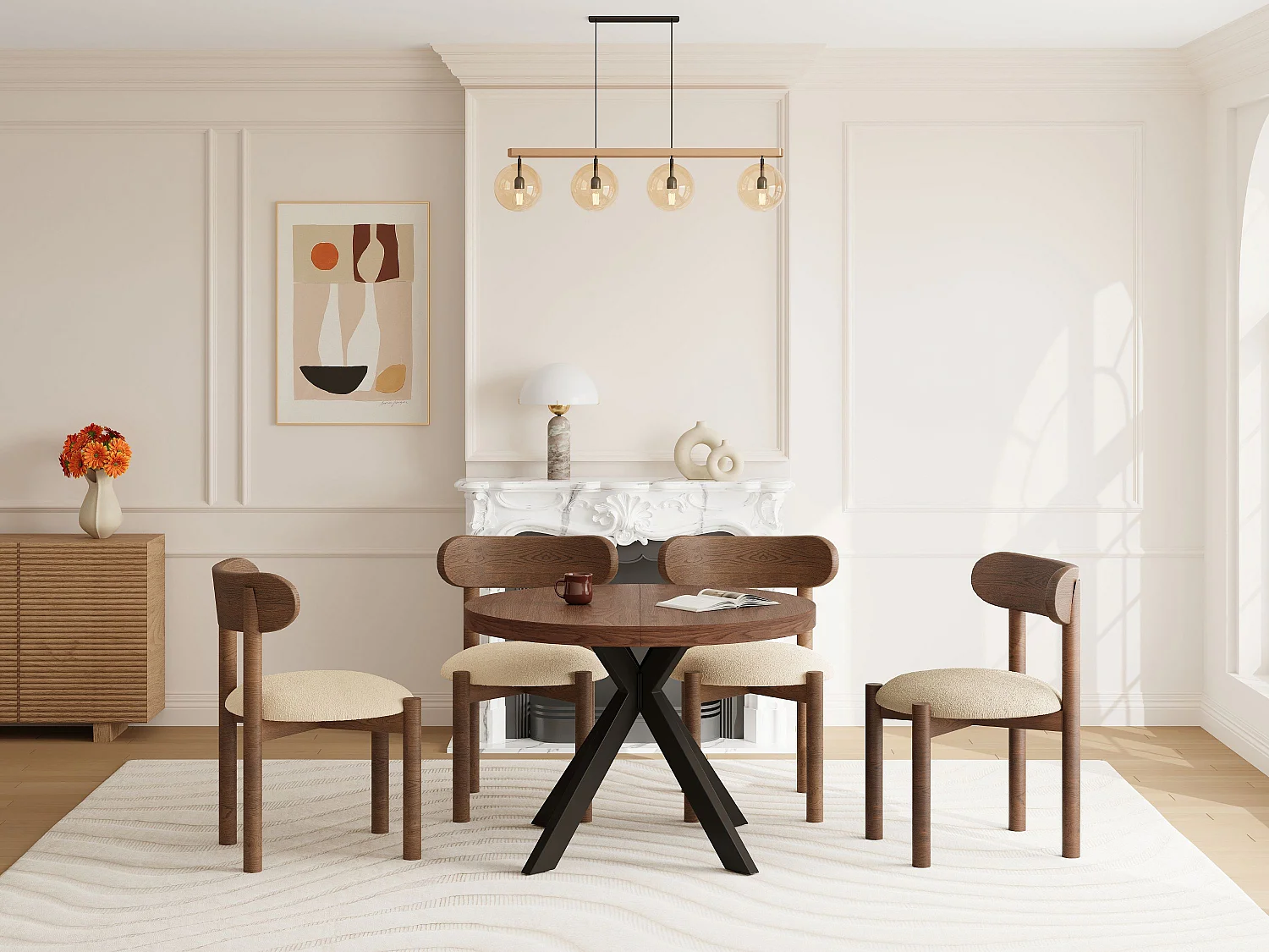Table à manger extensible 4 à 8 personnes en MDF et acier - Naturel foncé et Noir - KOMONI