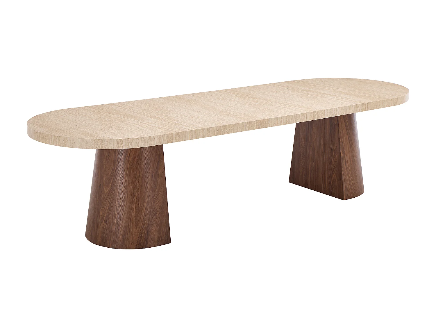 Table à manger extensible 6 à +12 personnes en MDF - Effet travertin beige et Naturel foncé - CLOEVA