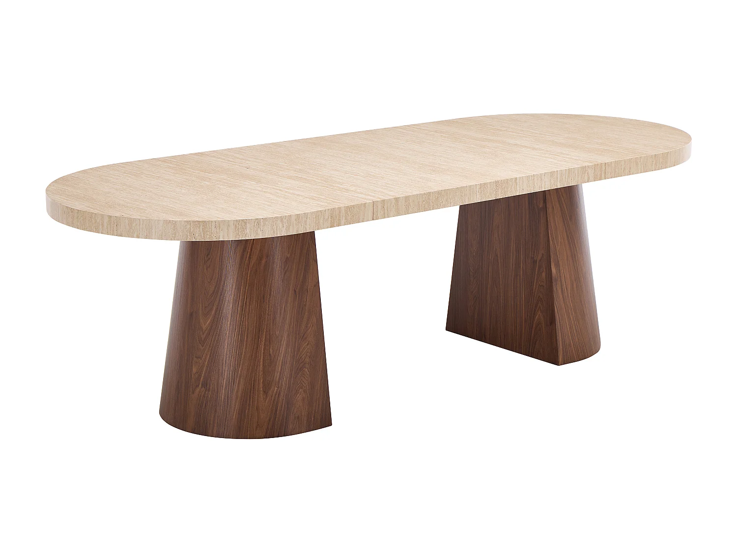 Table à manger extensible 6 à +12 personnes en MDF - Effet travertin beige et Naturel foncé - CLOEVA