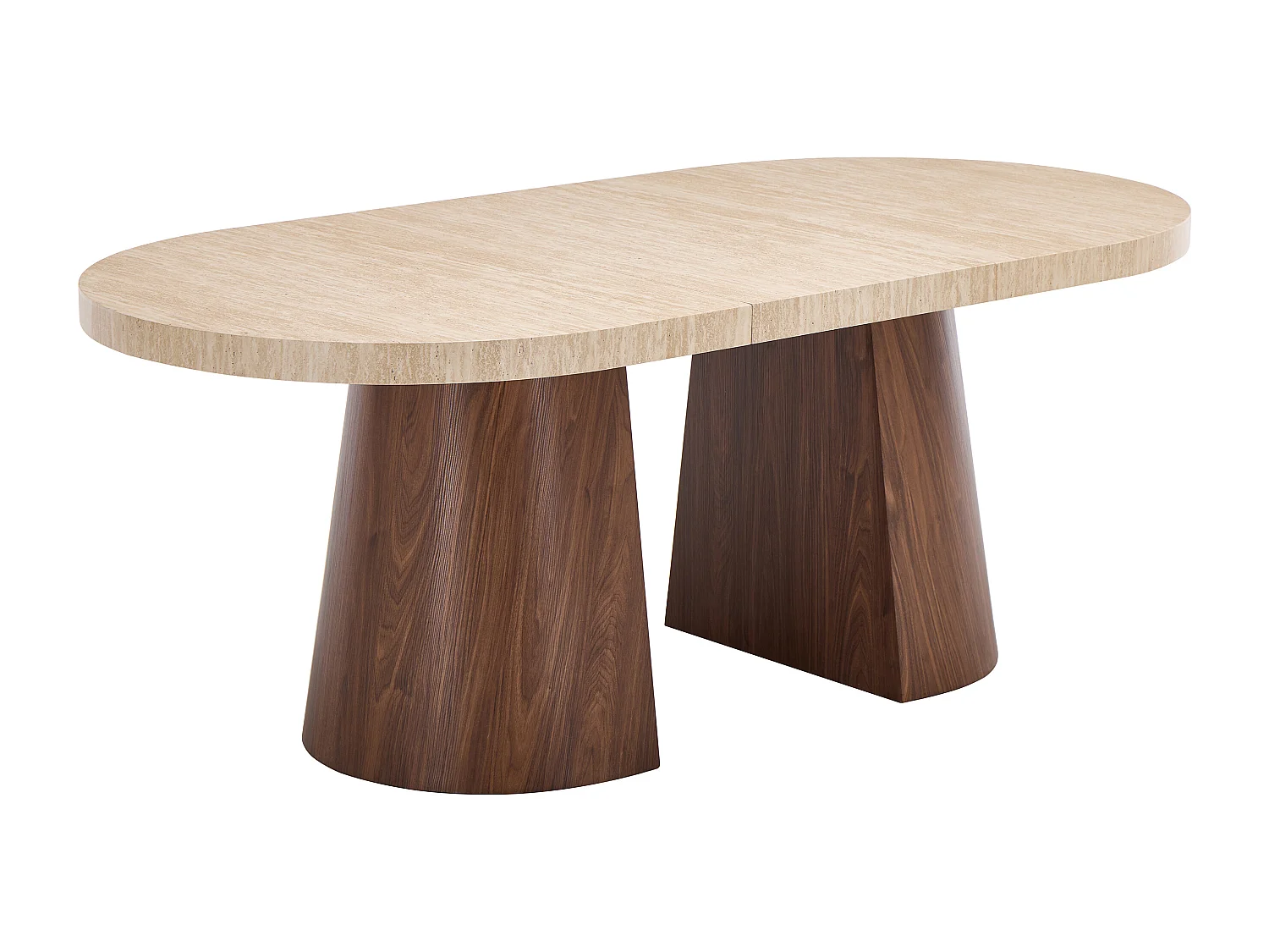 Table à manger extensible 6 à +12 personnes en MDF - Effet travertin beige et Naturel foncé - CLOEVA