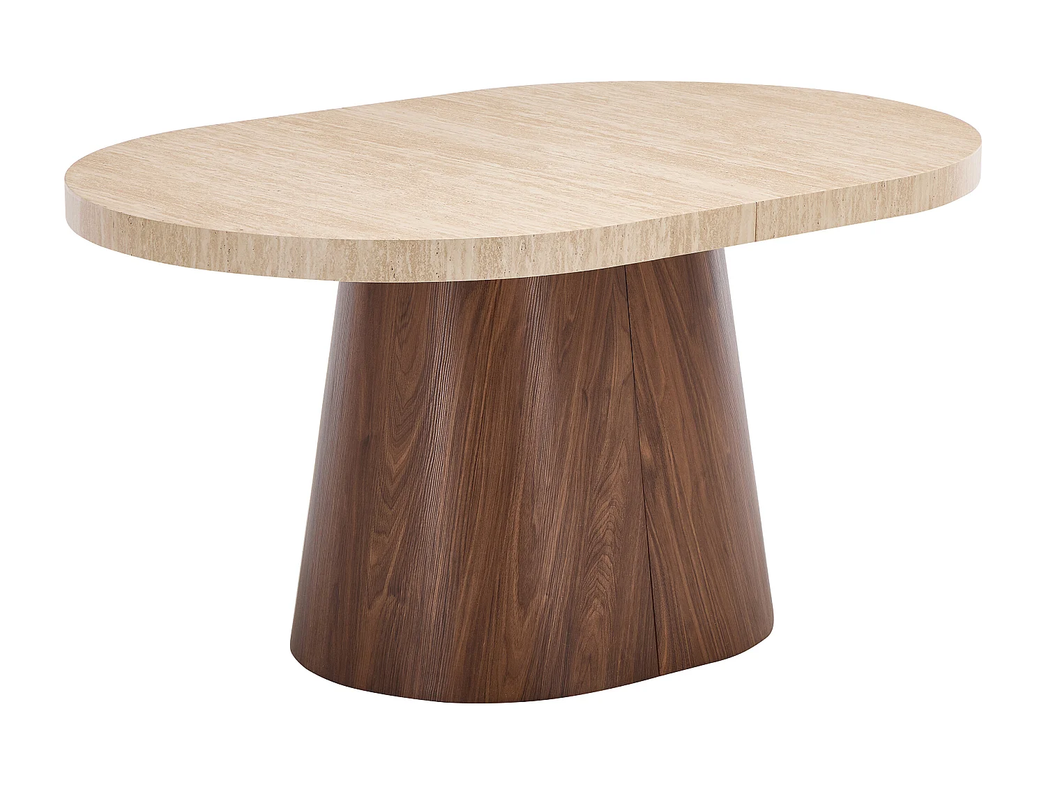 Table à manger extensible 6 à +12 personnes en MDF - Effet travertin beige et Naturel foncé - CLOEVA