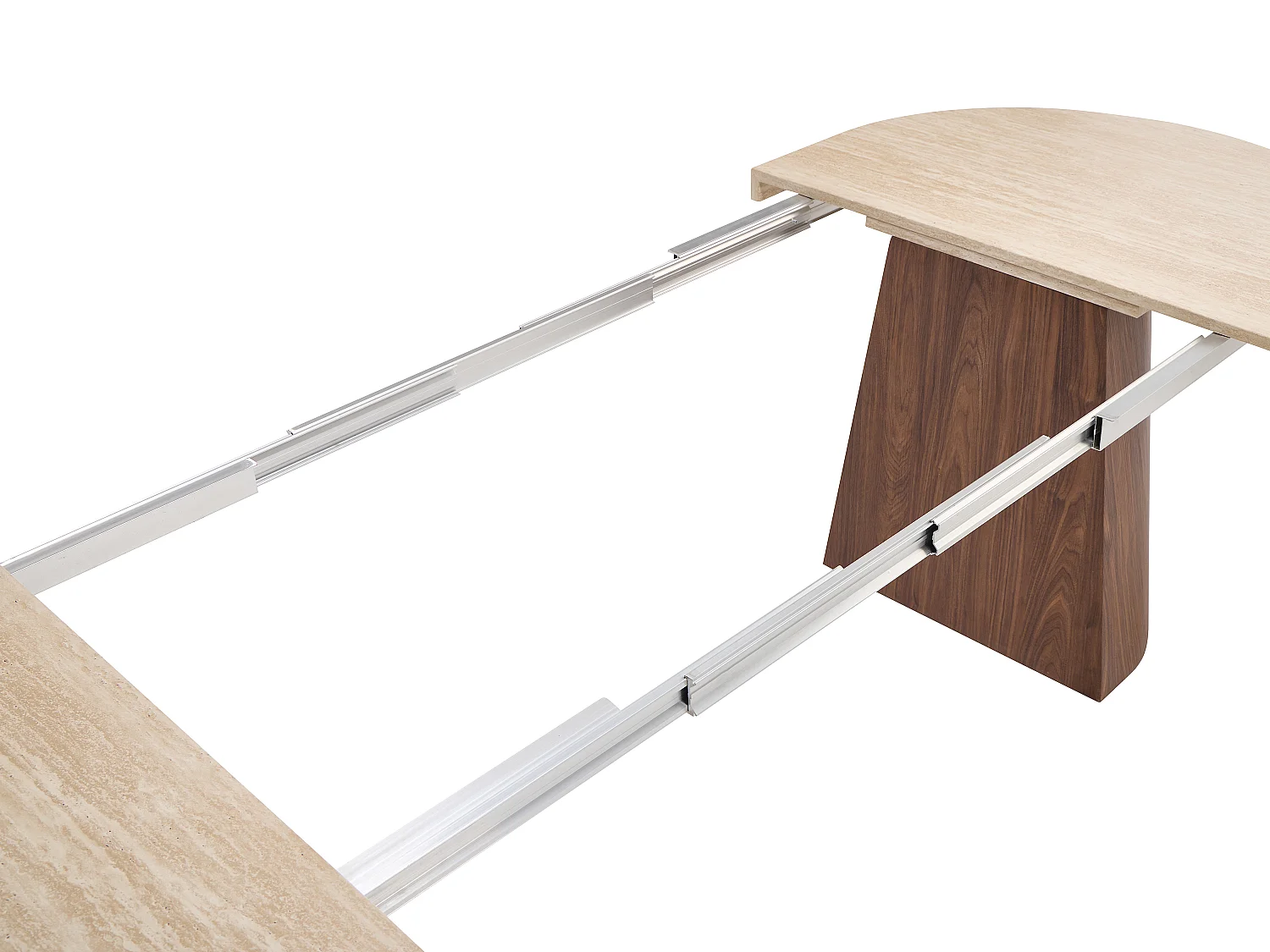 Table à manger extensible 6 à +12 personnes en MDF - Effet travertin beige et Naturel foncé - CLOEVA