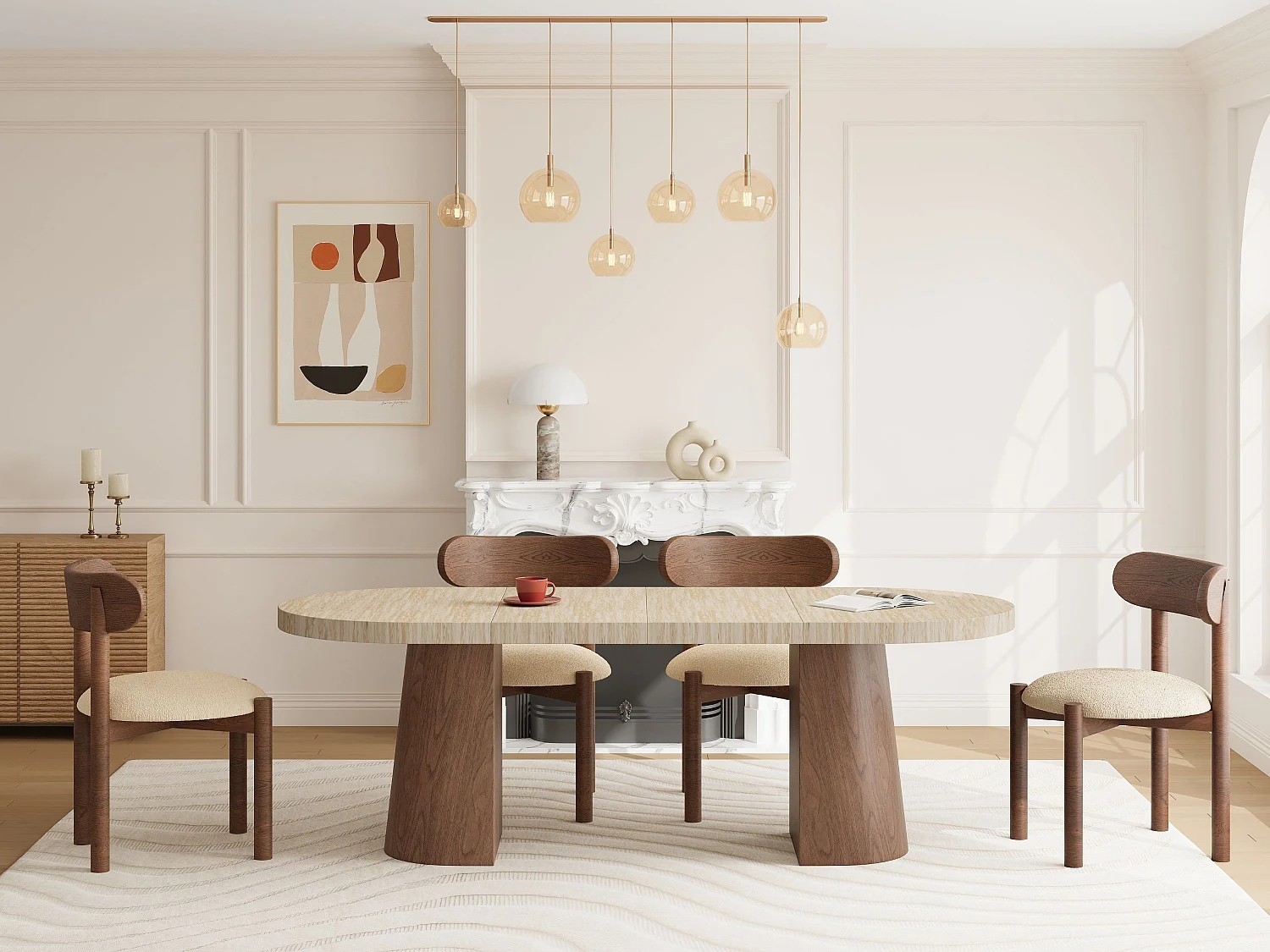 Table à manger extensible 6 à +12 personnes en MDF - Effet travertin beige et Naturel foncé - CLOEVA