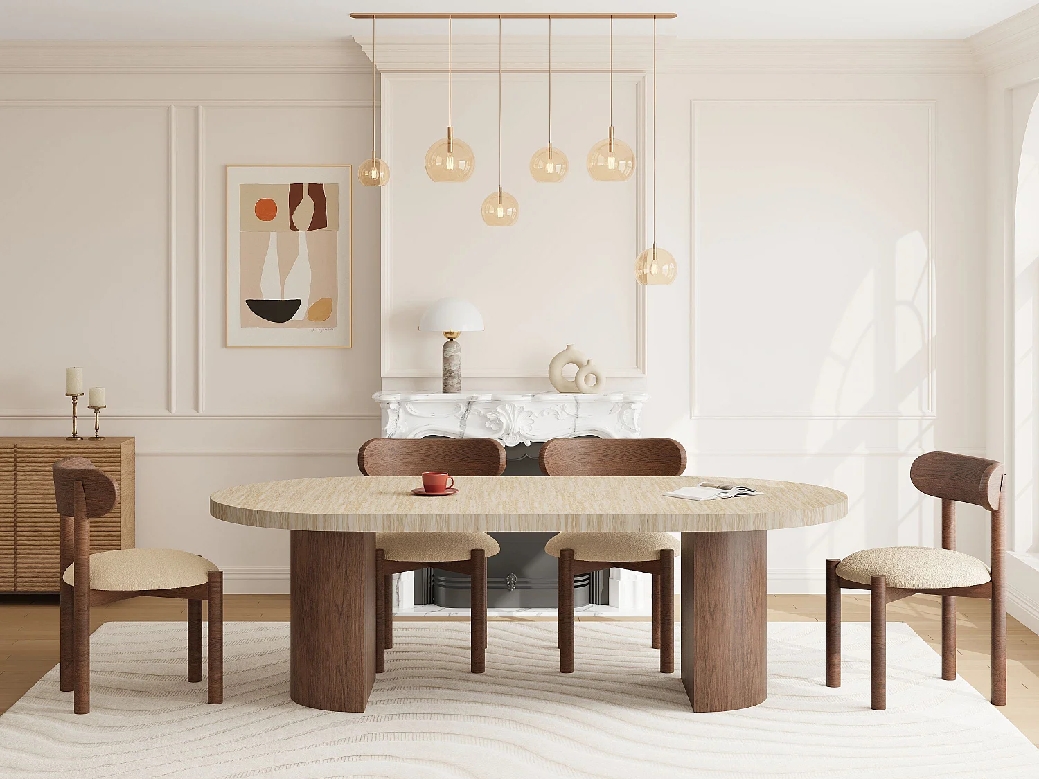 Table à manger extensible 4 à 12 personnes en MDF - Effet travertin beige et Naturel foncé - SIDRINA