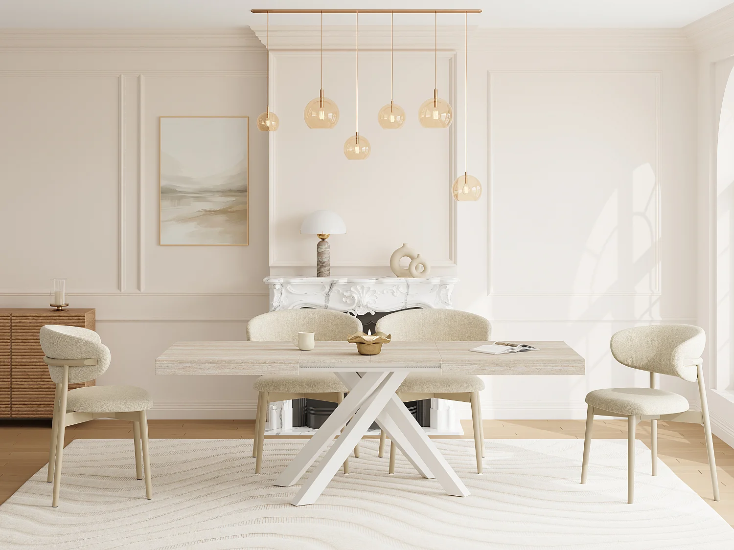 Table à manger extensible 6 à 10 personnes en MDF et métal - Effet travertin beige et Blanc - CATONAV