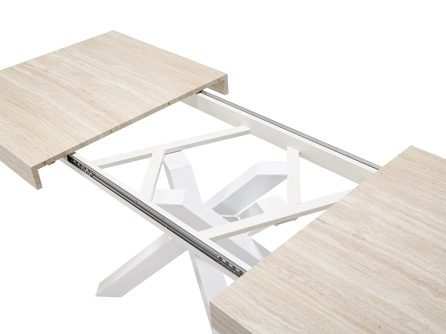 Table à manger extensible 6 à 10 personnes en MDF et métal - Effet travertin beige et Blanc - CATONAV