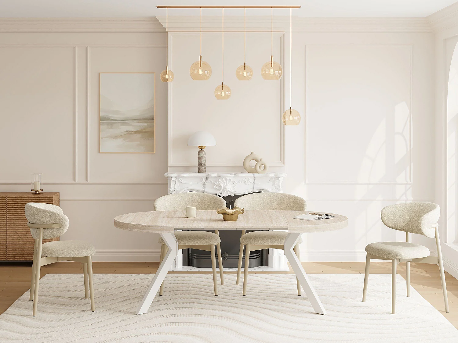 Table à manger extensible 4 à 8 personnes en MDF et acier - Effet travertin beige et Blanc - KOMONI
