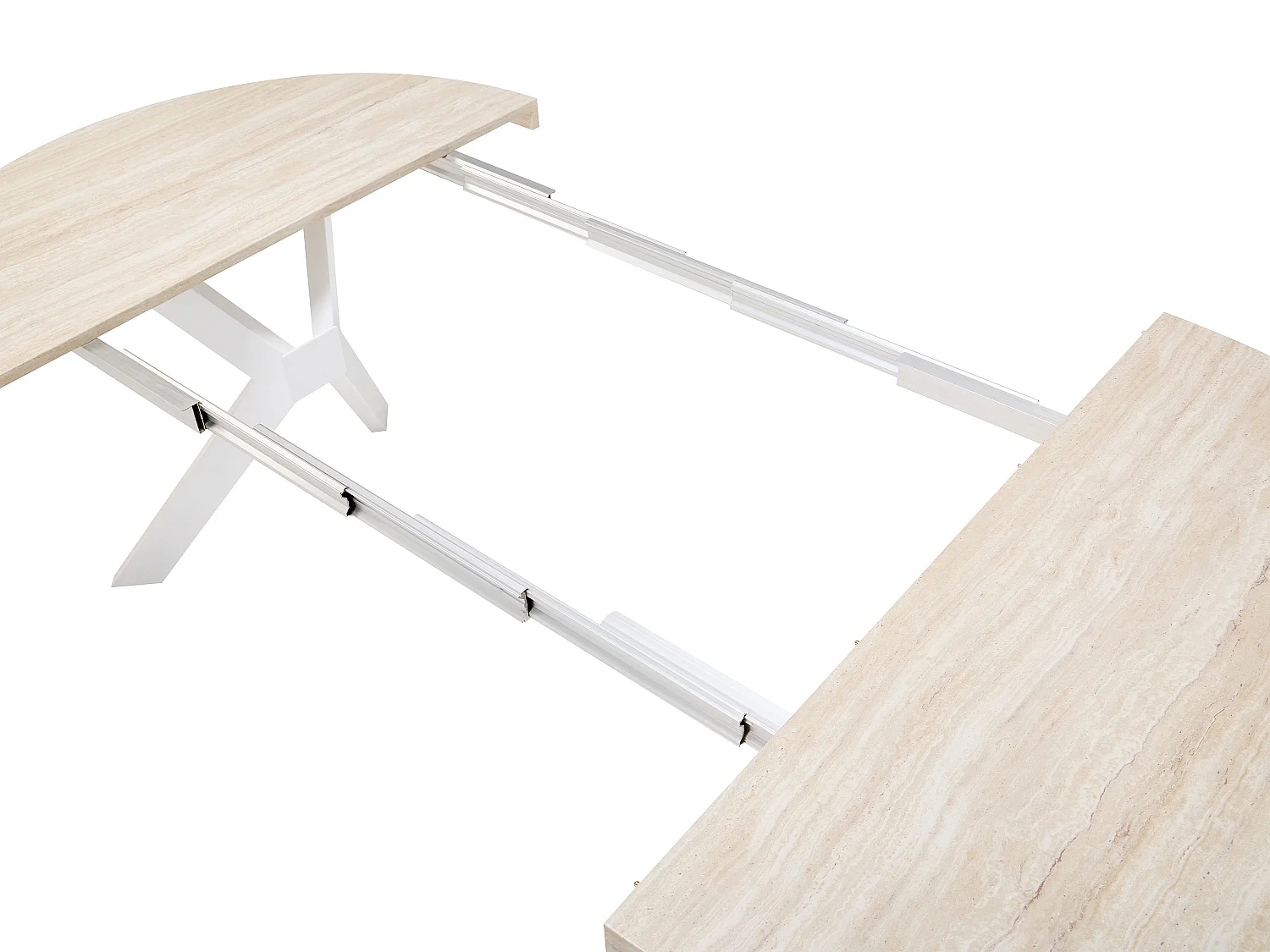Table à manger extensible 4 à 8 personnes en MDF et acier - Effet travertin beige et Blanc - KOMONI