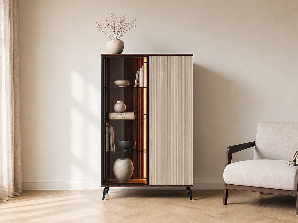 Vitrine 2 portes avec LEDs en MDF et verre fumé - Beige et Naturel foncé - JANEYA