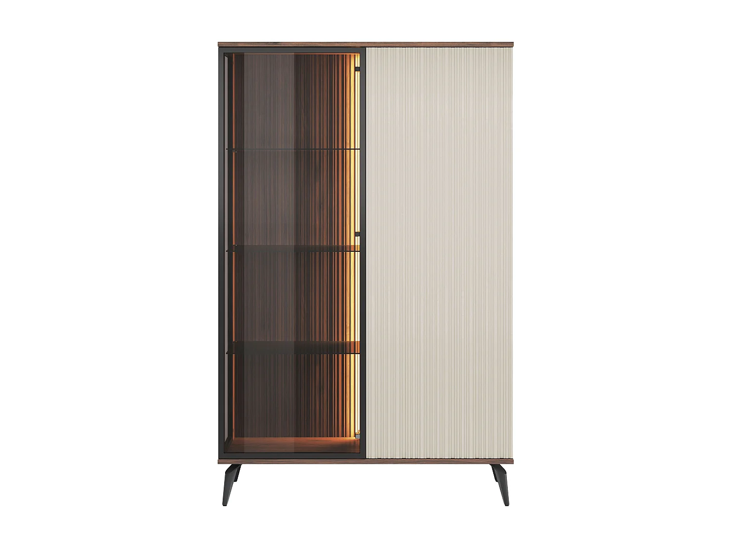 Vitrine 2 portes avec LEDs en MDF et verre fumé - Beige et Naturel foncé - JANEYA