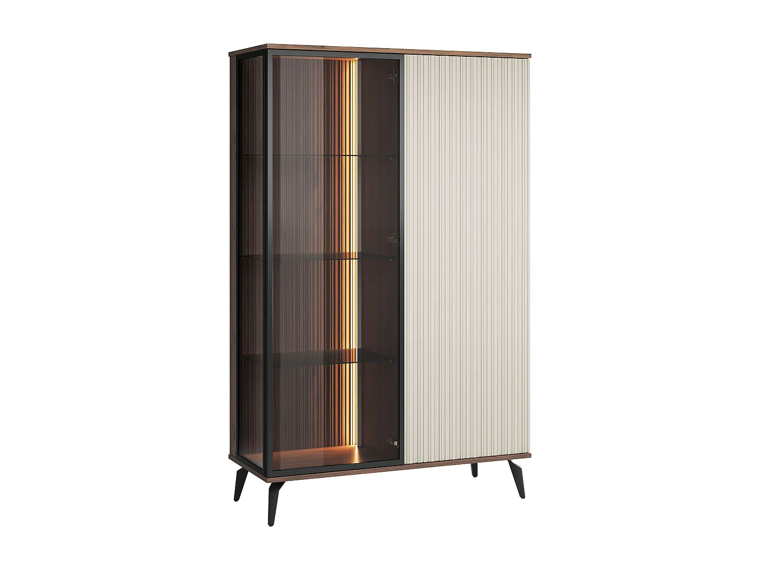 Vitrine 2 portes avec LEDs en MDF et verre fumé - Beige et Naturel foncé - JANEYA