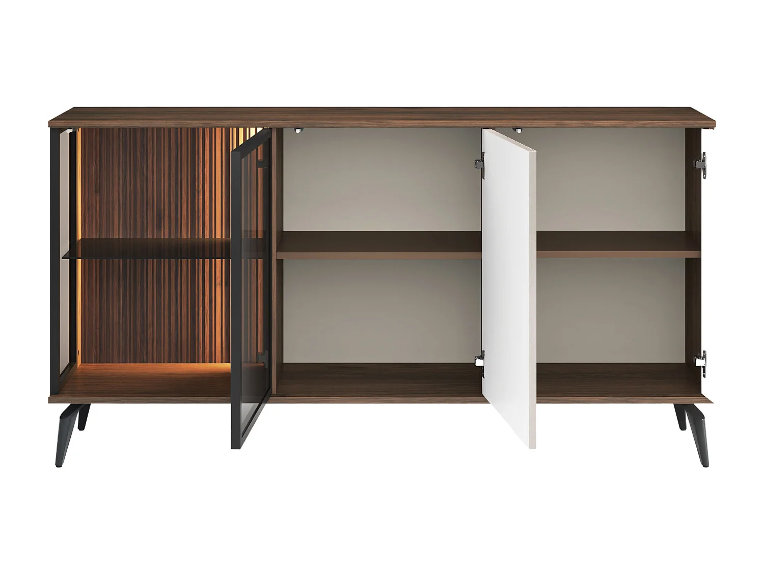 Buffet 3 portes avec LEDs en MDF et verre fumé - Beige et Naturel foncé - JANEYA