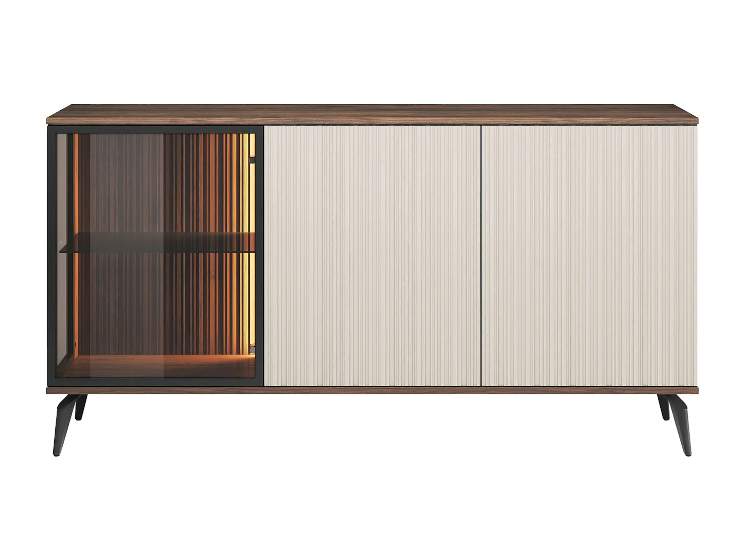 Buffet 3 portes avec LEDs en MDF et verre fumé - Beige et Naturel foncé - JANEYA