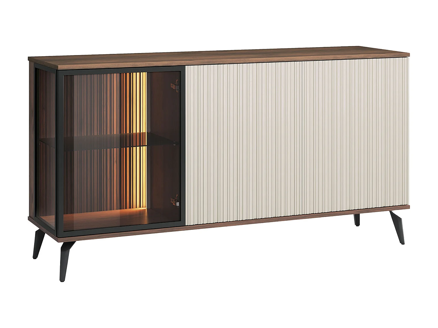Buffet 3 portes avec LEDs en MDF et verre fumé - Beige et Naturel foncé - JANEYA