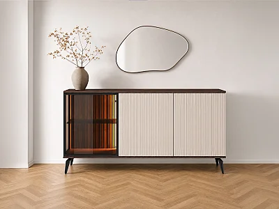Credenza 3 ante con LED in MDF e vetro fumé Beige e Naturale scuro - JANEYA
