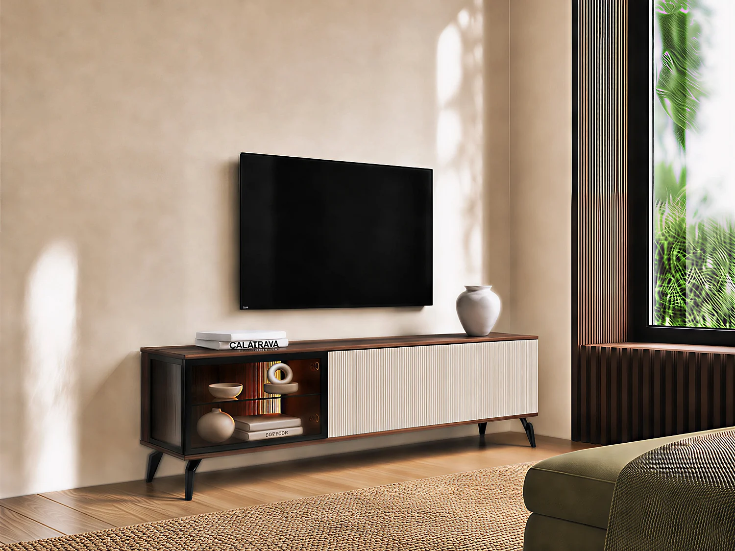 Meuble TV 3 portes avec LEDs en MDF et verre fumé - Beige et Naturel foncé - JANEYA