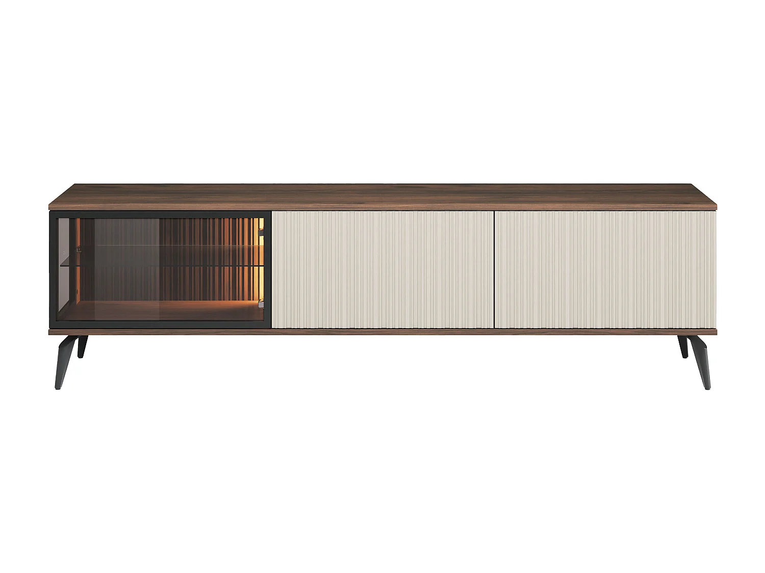 Meuble TV 3 portes avec LEDs en MDF et verre fumé - Beige et Naturel foncé - JANEYA