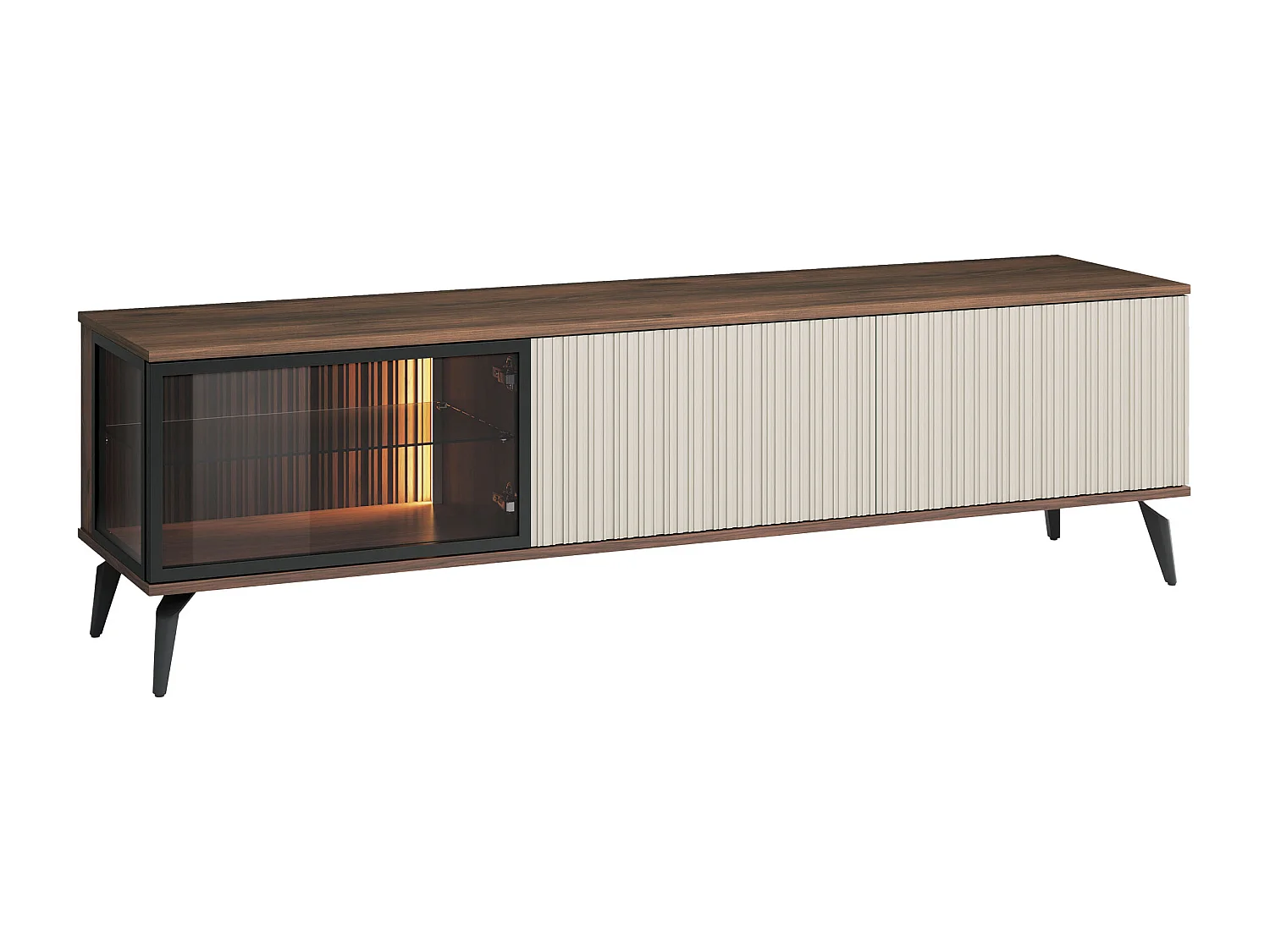 Meuble TV 3 portes avec LEDs en MDF et verre fumé - Beige et Naturel foncé - JANEYA