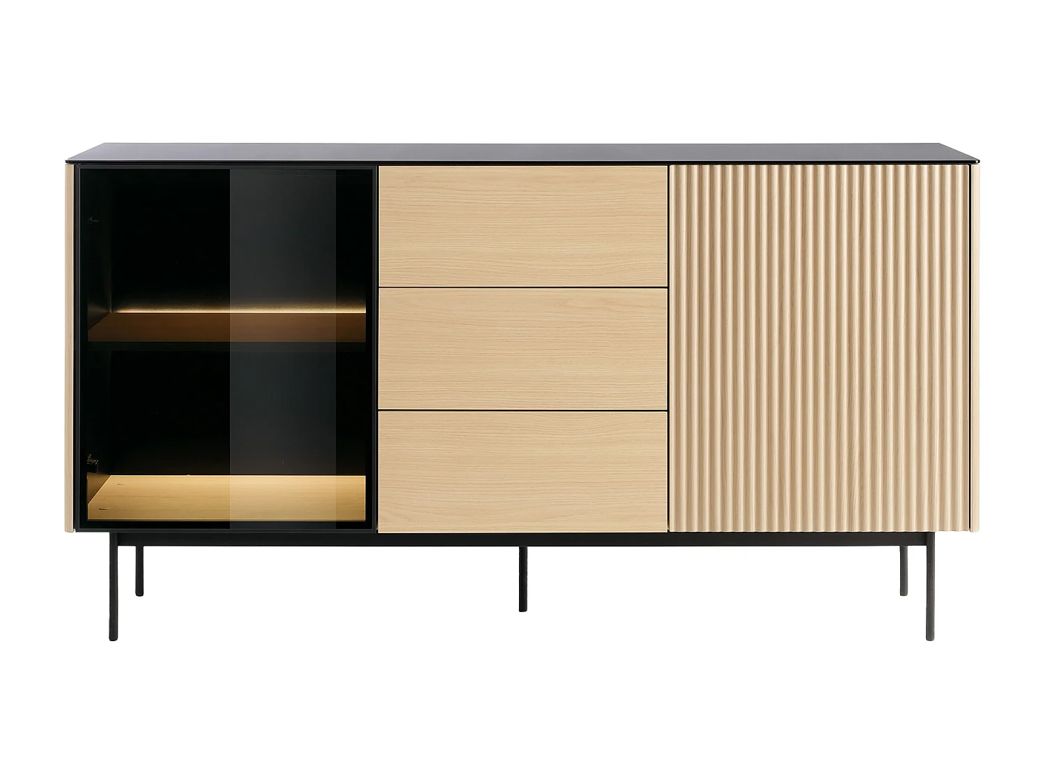 Buffet 2 portes et 3 tiroirs avec LEDs en MDF et verre fumé - Naturel clair et Noir - SAYERA
