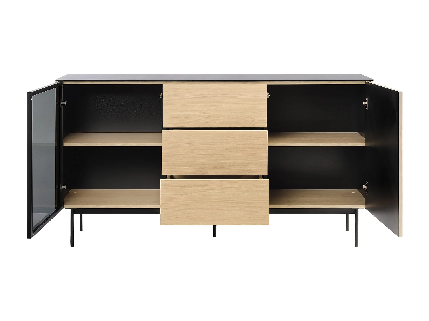 Buffet 2 portes et 3 tiroirs avec LEDs en MDF et verre fumé - Naturel clair et Noir - SAYERA