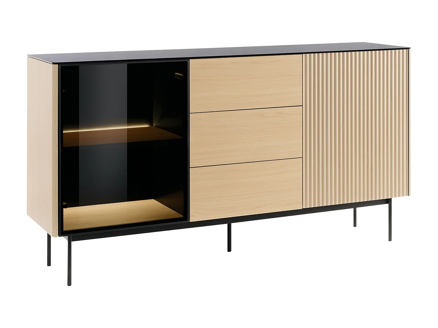 Buffet 2 portes et 3 tiroirs avec LEDs en MDF et verre fumé - Naturel clair et Noir - SAYERA