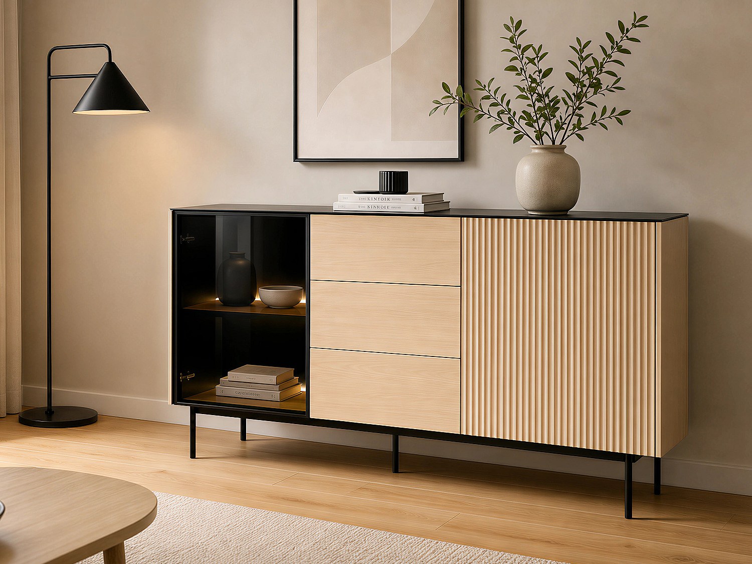 Sideboard 2 Türen und 3 Schubladen mit LEDs aus MDF und Rauchglas – Hellnatur und Schwarz – SAYERA