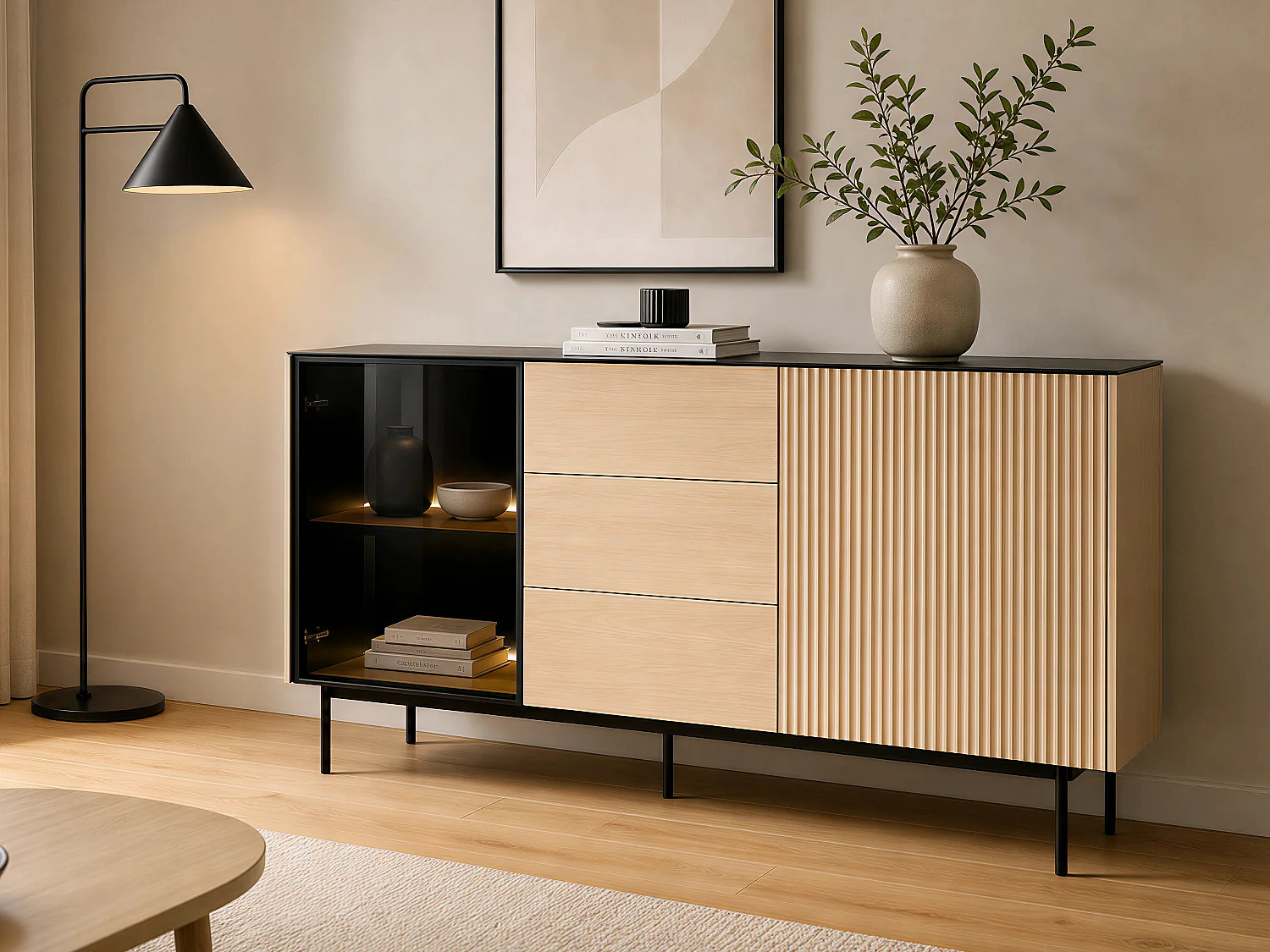 Buffet 2 portes et 3 tiroirs avec LEDs en MDF et verre fumé - Naturel clair et Noir - SAYERA